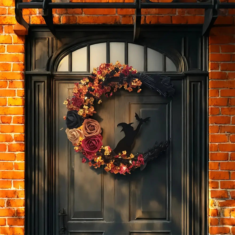 Halloween rustieke heksenbloemenkrans | Halve maan deurdecoratie