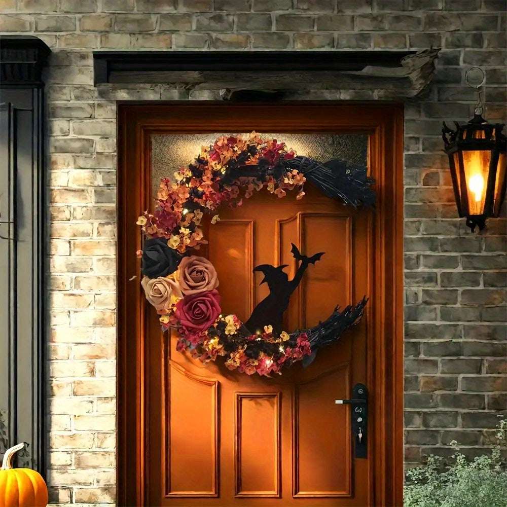 Halloween rustieke heksenbloemenkrans | Halve maan deurdecoratie