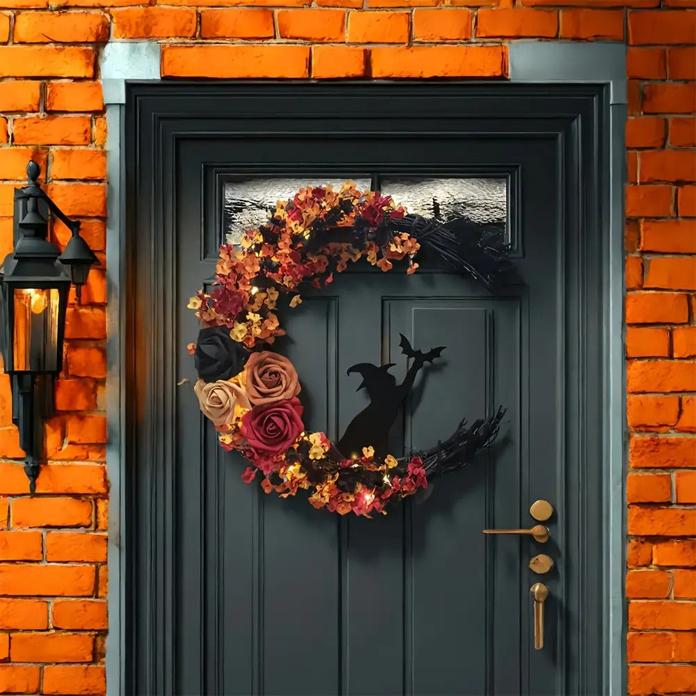 Halloween rustieke heksenbloemenkrans | Halve maan deurdecoratie