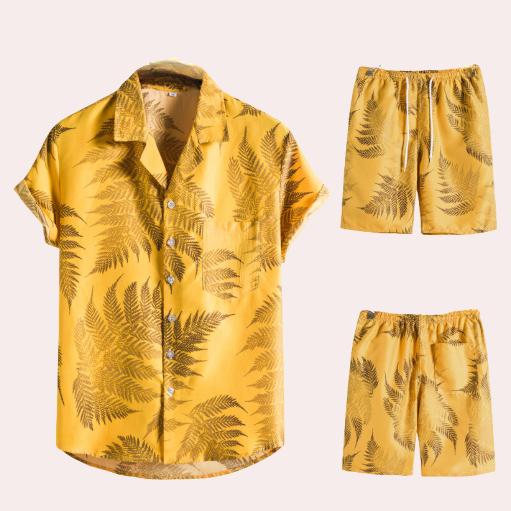 Tweedelige zomeroutfit voor heren – Hawaiiaanse bloemenprint – Lichtgewicht katoenen stof – Relaxte, casual pasvorm