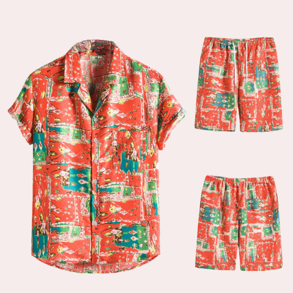 Tweedelige zomeroutfit voor heren – Hawaiiaanse bloemenprint – Lichtgewicht katoenen stof – Relaxte, casual pasvorm
