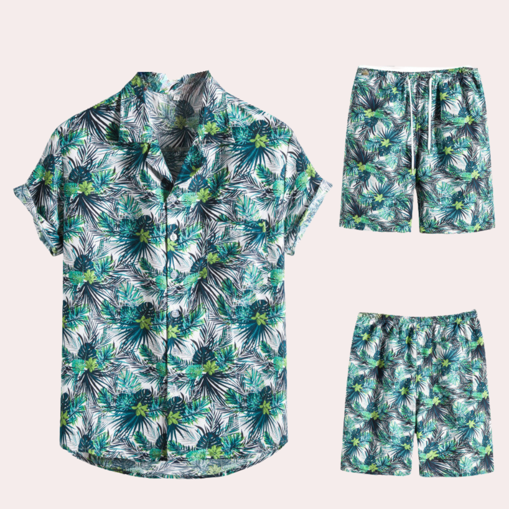 Tweedelige zomeroutfit voor heren – Hawaiiaanse bloemenprint – Lichtgewicht katoenen stof – Relaxte, casual pasvorm