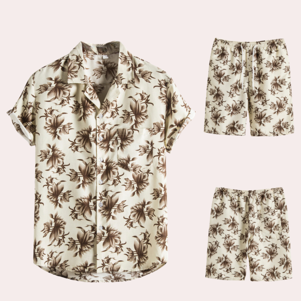Tweedelige zomeroutfit voor heren – Hawaiiaanse bloemenprint – Lichtgewicht katoenen stof – Relaxte, casual pasvorm