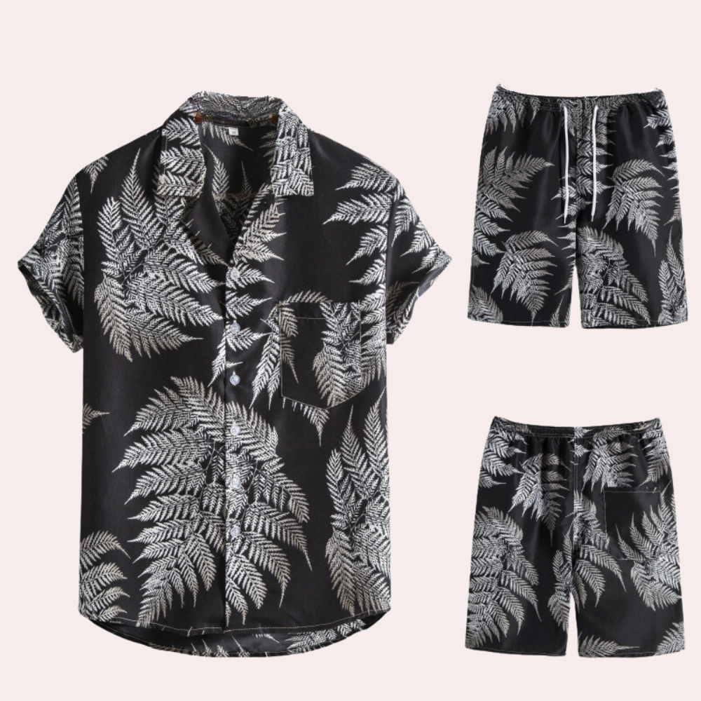 Tweedelige zomeroutfit voor heren – Hawaiiaanse bloemenprint – Lichtgewicht katoenen stof – Relaxte, casual pasvorm