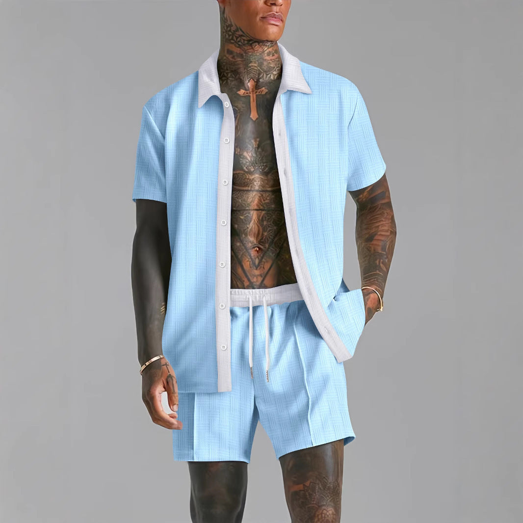 Tweedelige set voor heren – Lichtgewicht materiaal – Elastische taille – Shirt met korte mouwen