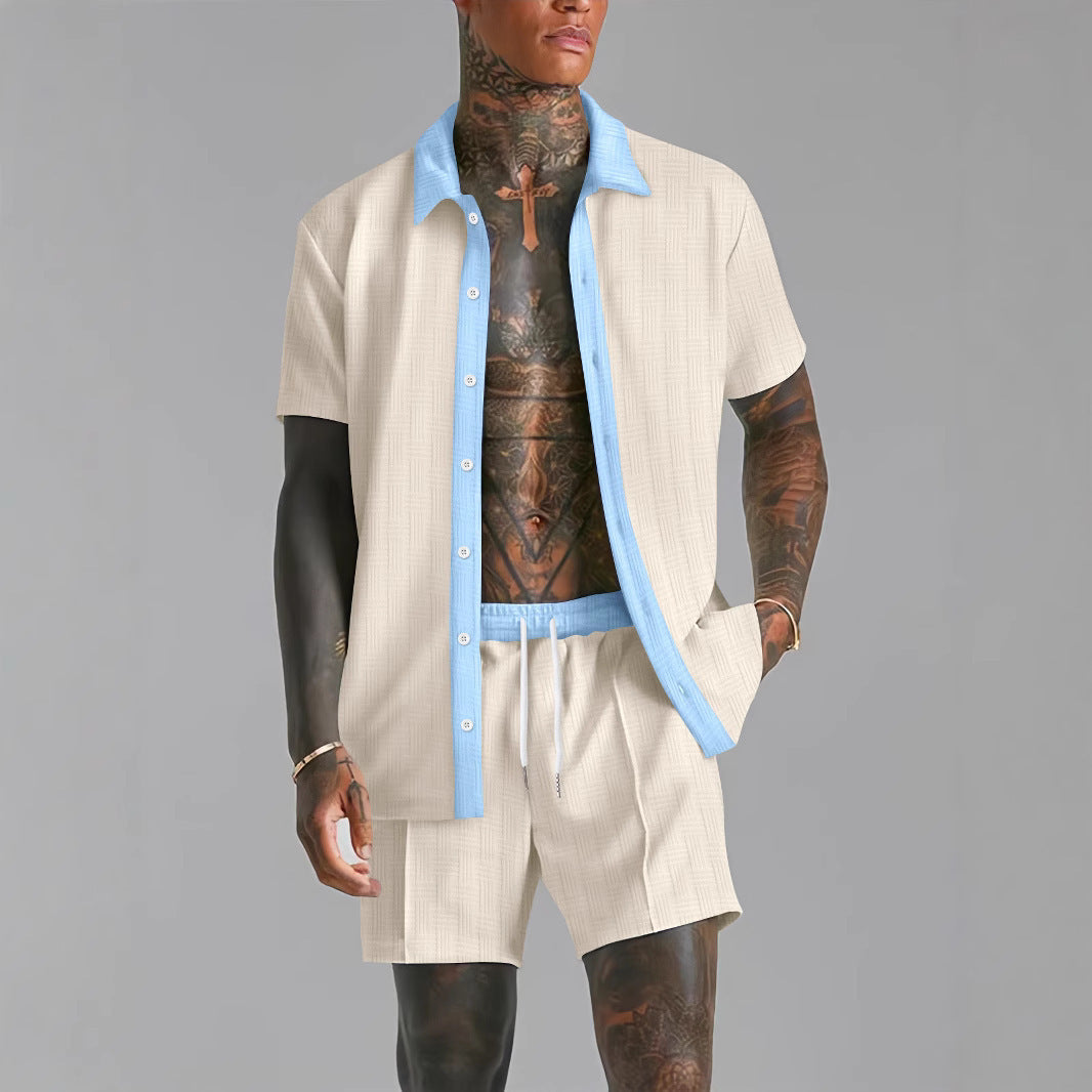 Tweedelige set voor heren – Lichtgewicht materiaal – Elastische taille – Shirt met korte mouwen