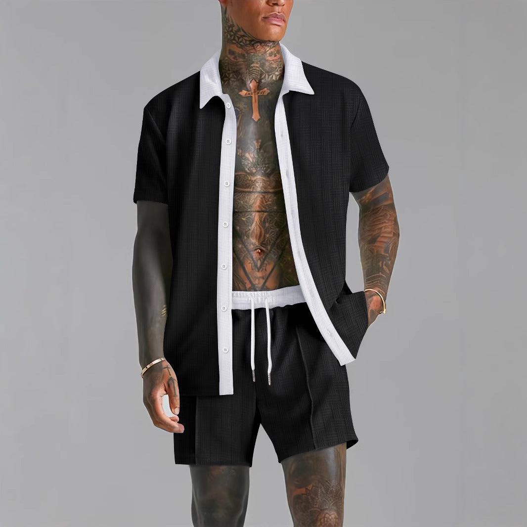 Tweedelige set voor heren – Lichtgewicht materiaal – Elastische taille – Shirt met korte mouwen