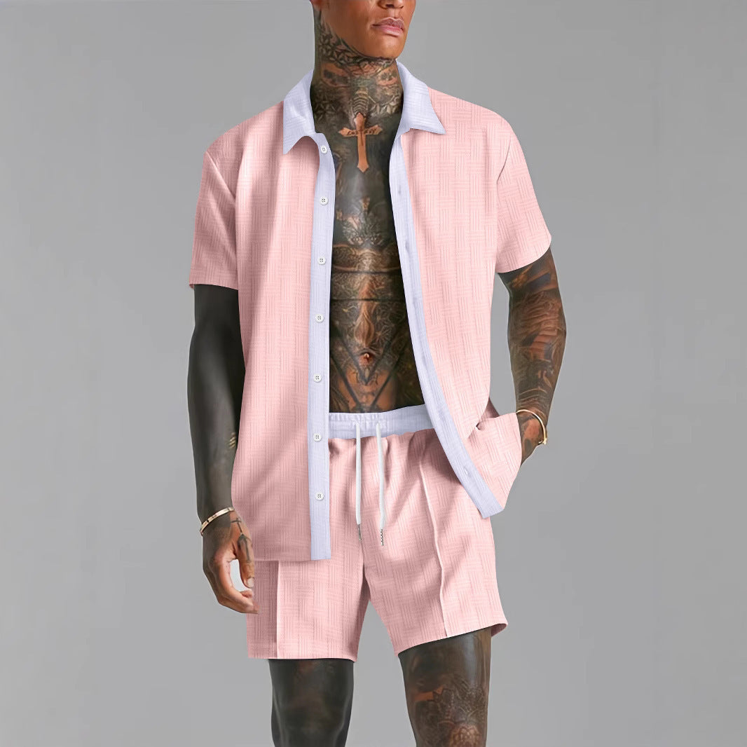 Tweedelige set voor heren – Lichtgewicht materiaal – Elastische taille – Shirt met korte mouwen