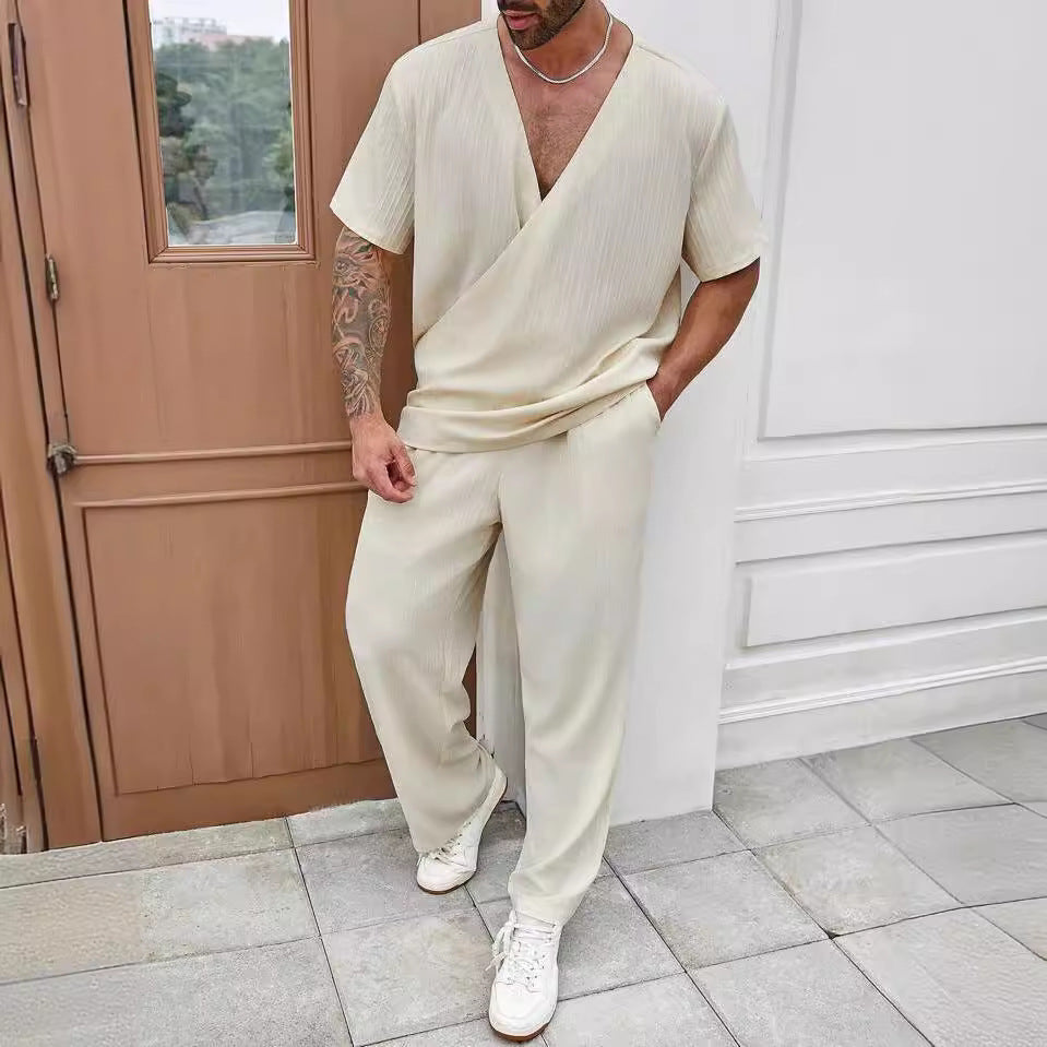 Heren casual set – T-shirt met V-hals – Ademende broek – Relaxte pasvorm