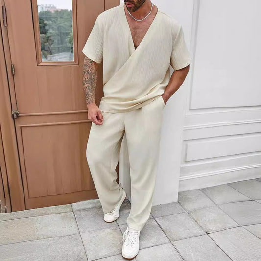 Heren casual set – T-shirt met V-hals – Ademende broek – Relaxte pasvorm