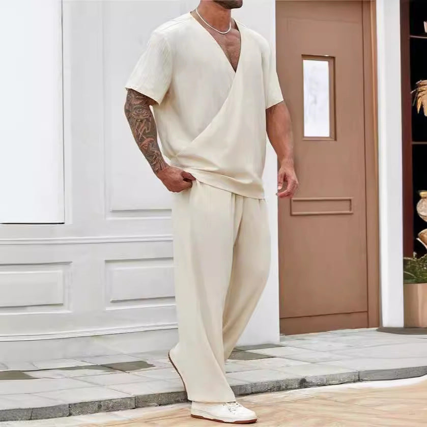 Heren casual set – T-shirt met V-hals – Ademende broek – Relaxte pasvorm