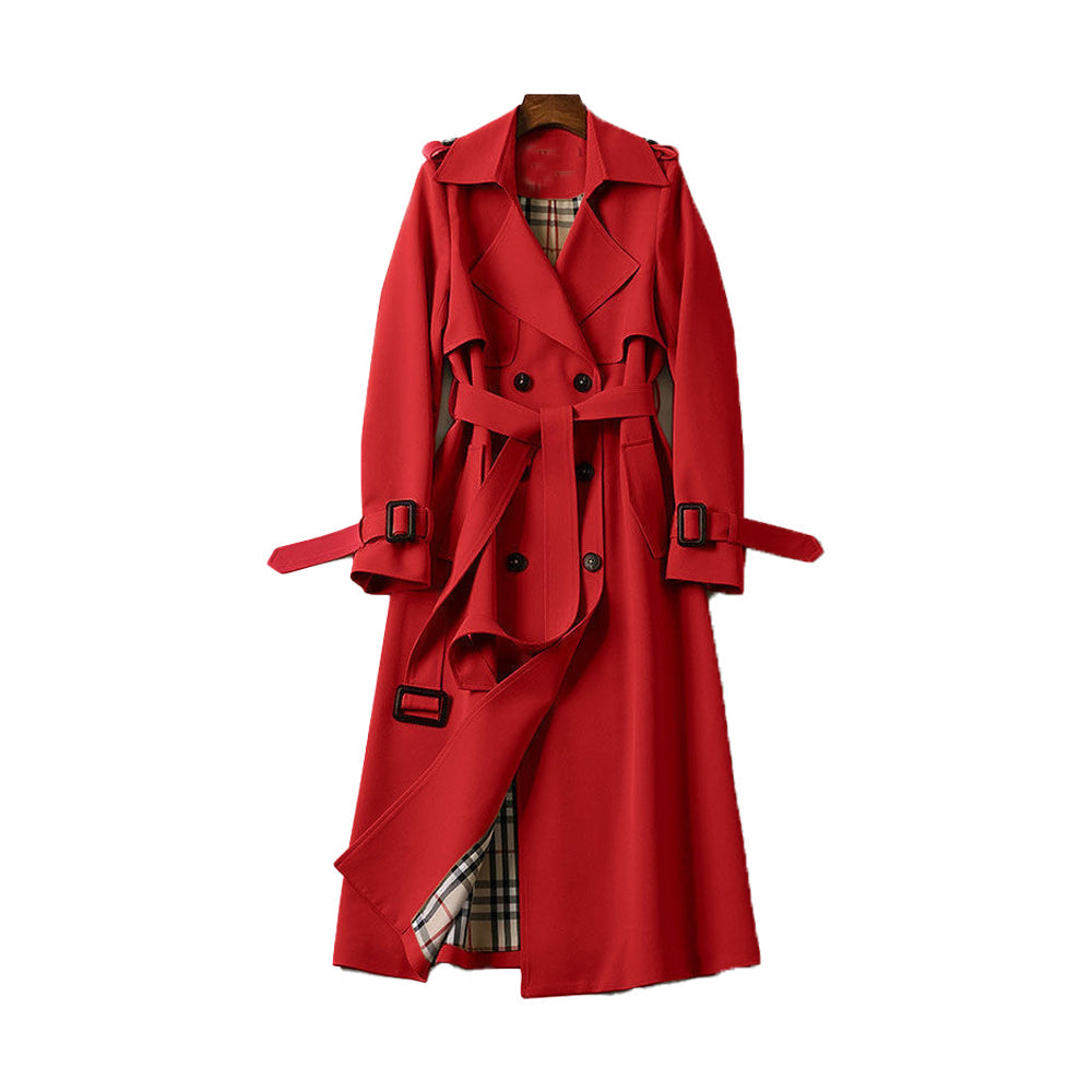 Dames lange trenchcoat – Dubbelgeknoopt – Afneembare riem – Diepe Zakken