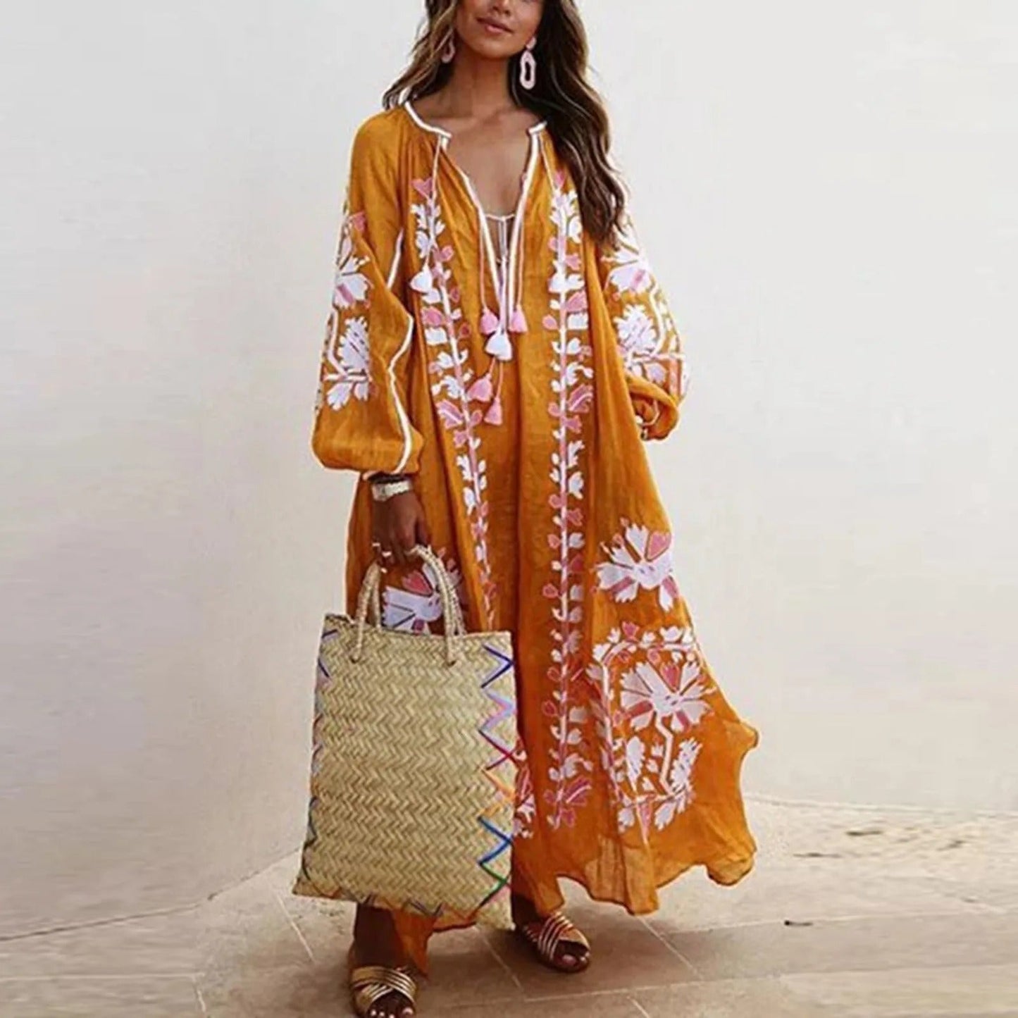 Maxi-jurk voor dames – Lange mouwen – Bloemenmotief – Losse pasvorm