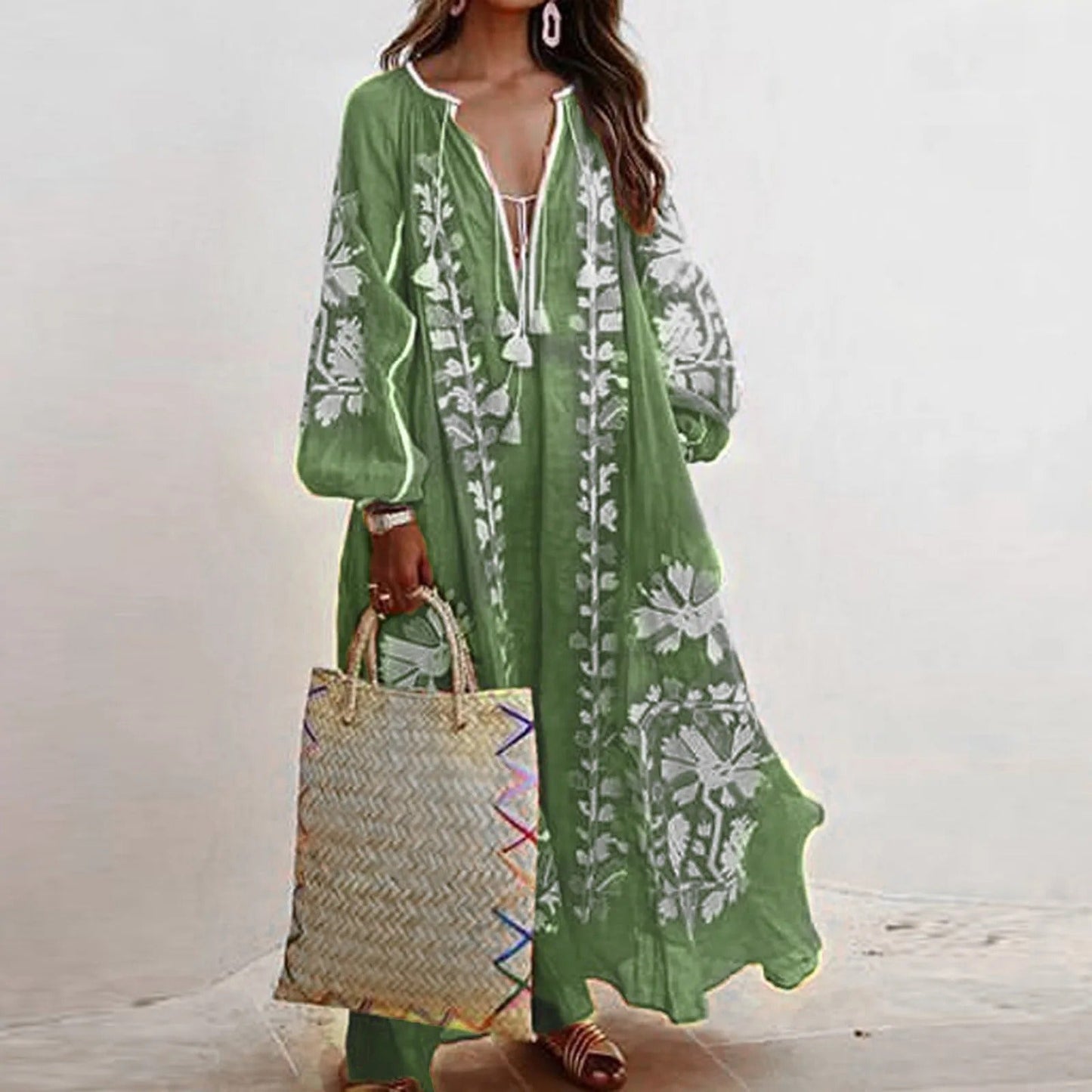 Maxi-jurk voor dames – Lange mouwen – Bloemenmotief – Losse pasvorm