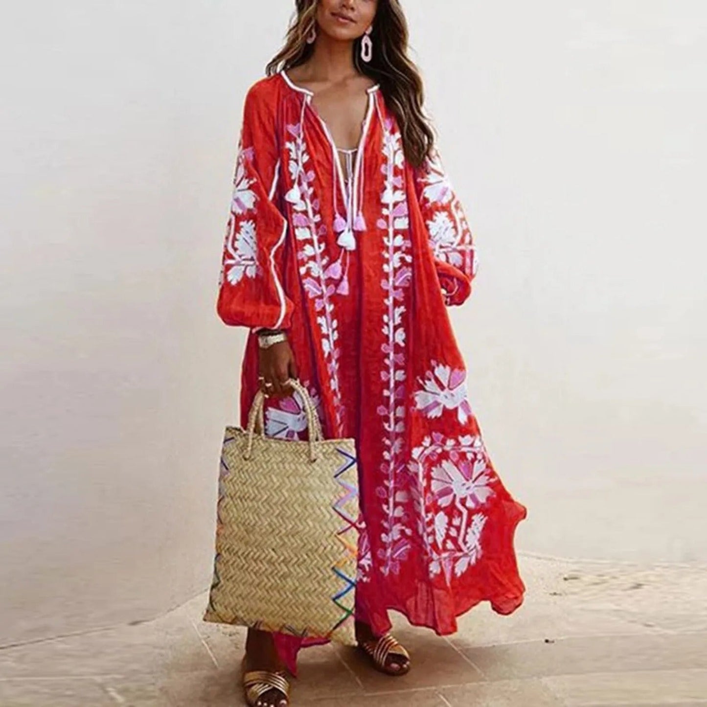 Maxi-jurk voor dames – Lange mouwen – Bloemenmotief – Losse pasvorm