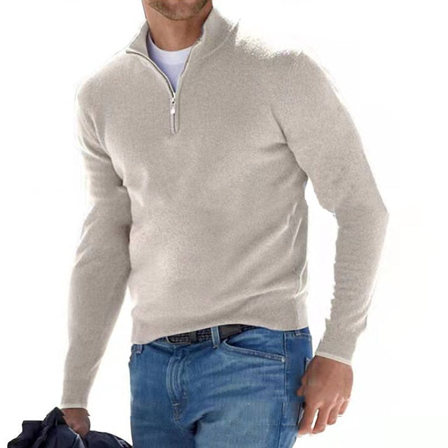 Heren trui met V-hals – Merino Feel – Ritssluiting bij de kraag – Ademende warmte