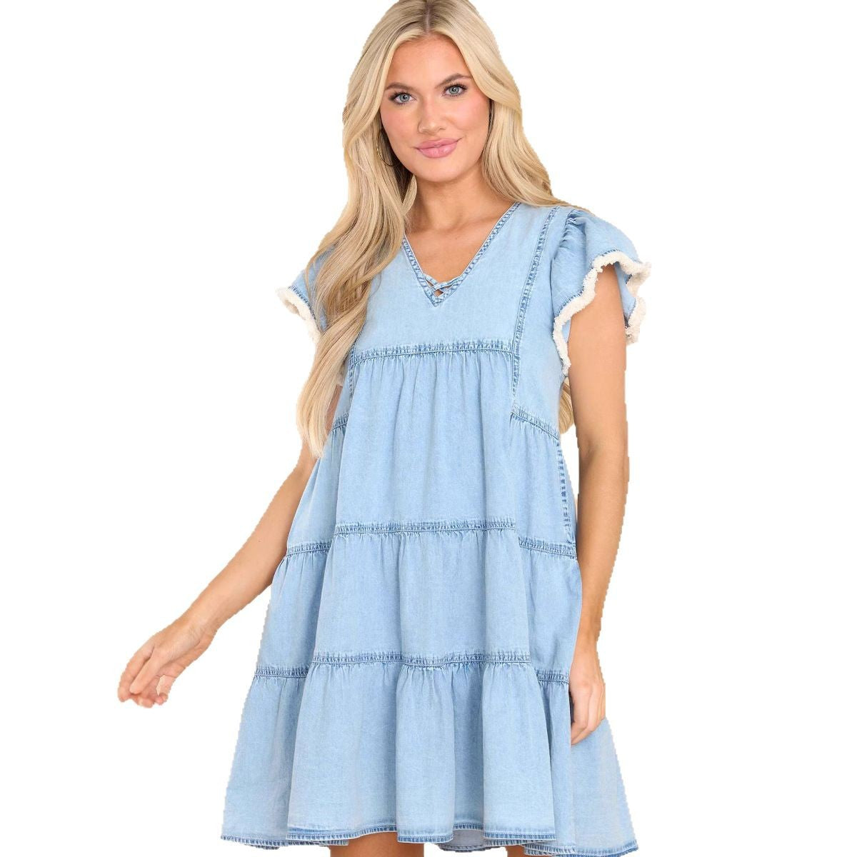 Dames Denim Jurk - A-Lijn - Ruches Mouwen - Comfortabel