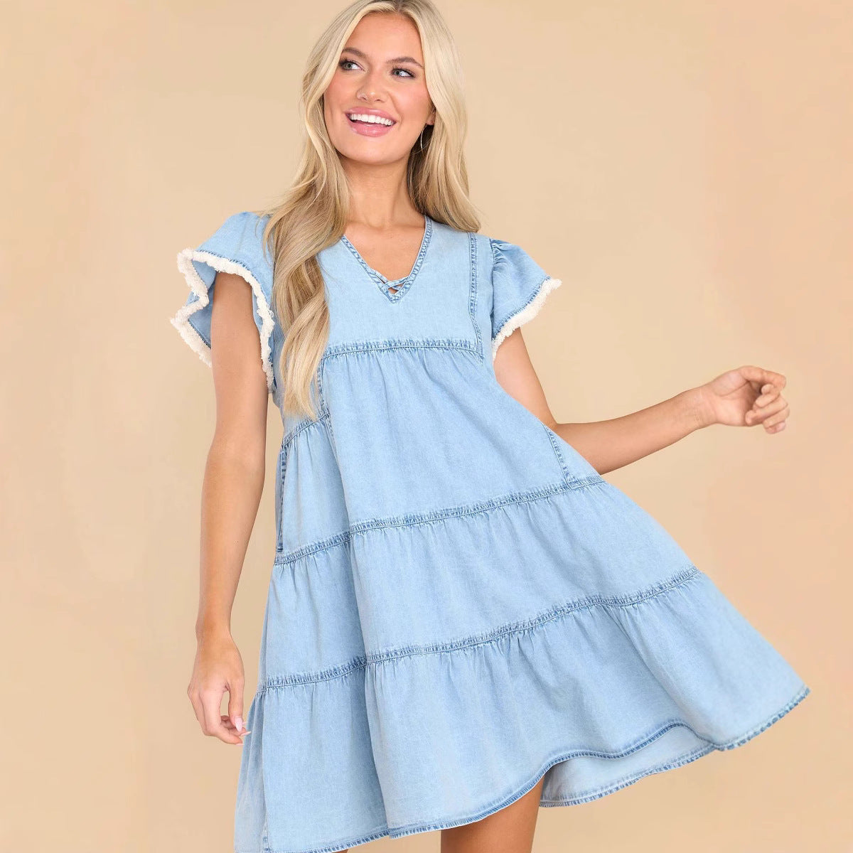 Dames Denim Jurk - A-Lijn - Ruches Mouwen - Comfortabel