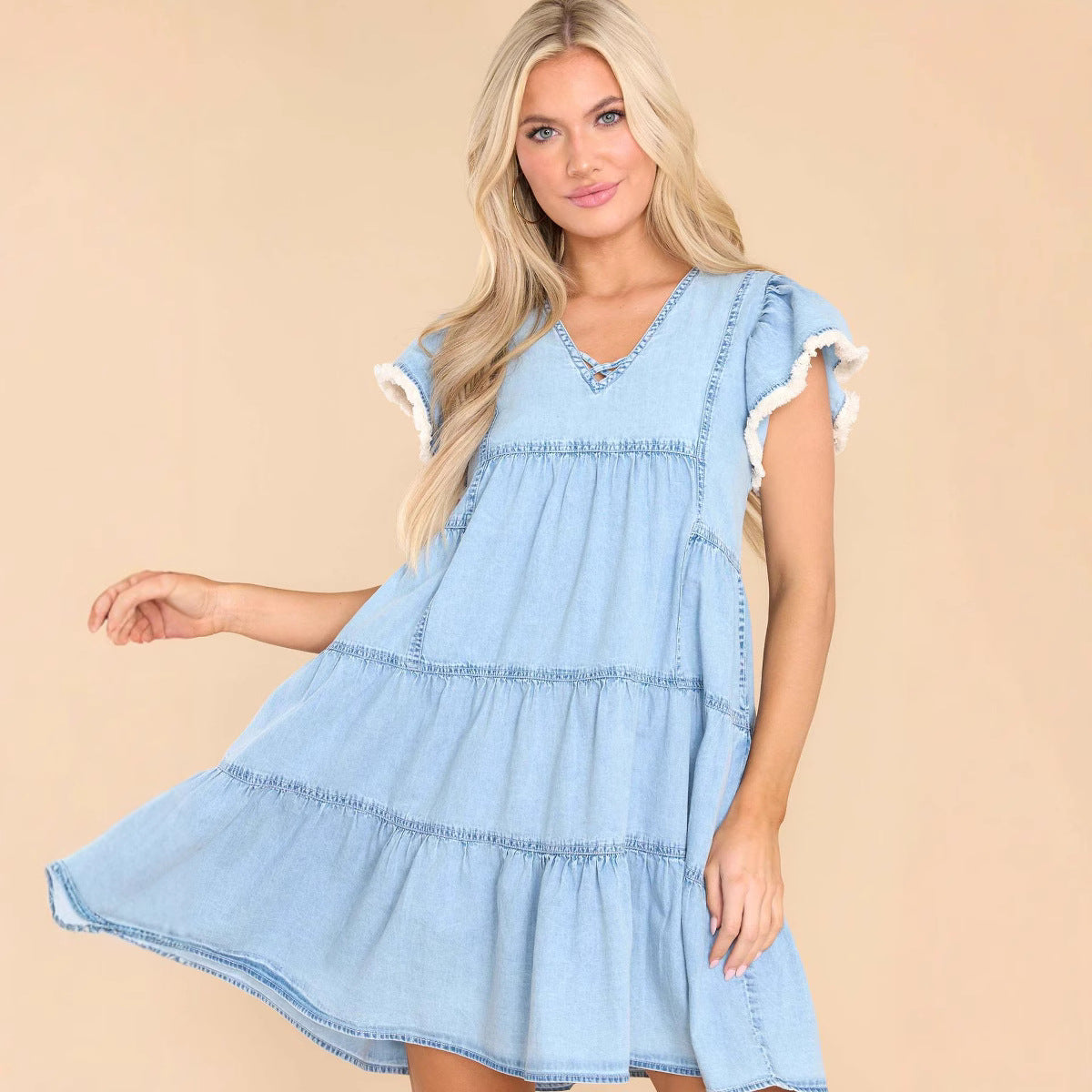 Dames Denim Jurk - A-Lijn - Ruches Mouwen - Comfortabel