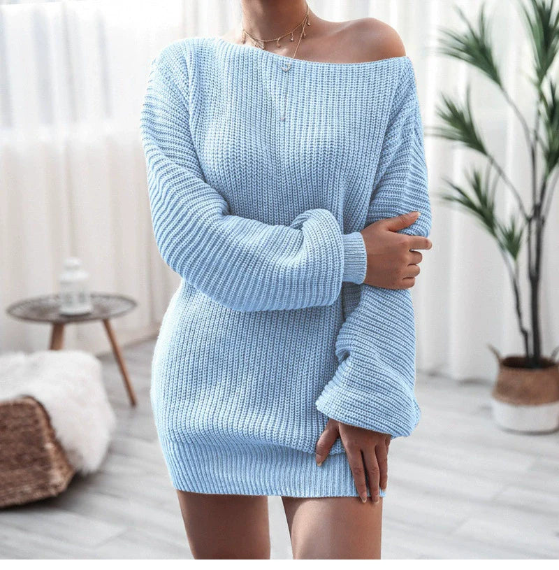Off-shoulder gebreide jurk voor dames – Lantaarnmouwen – Relaxed fit – Elegante stijl