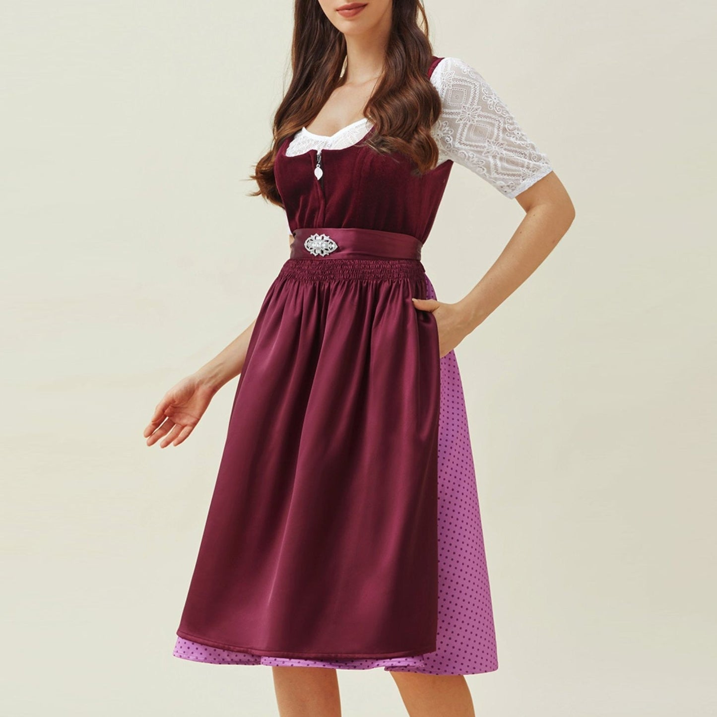 Paarse dirndljurk met schort – Oktoberfest | Elegante traditionele jurk voor een vrouwelijke look
