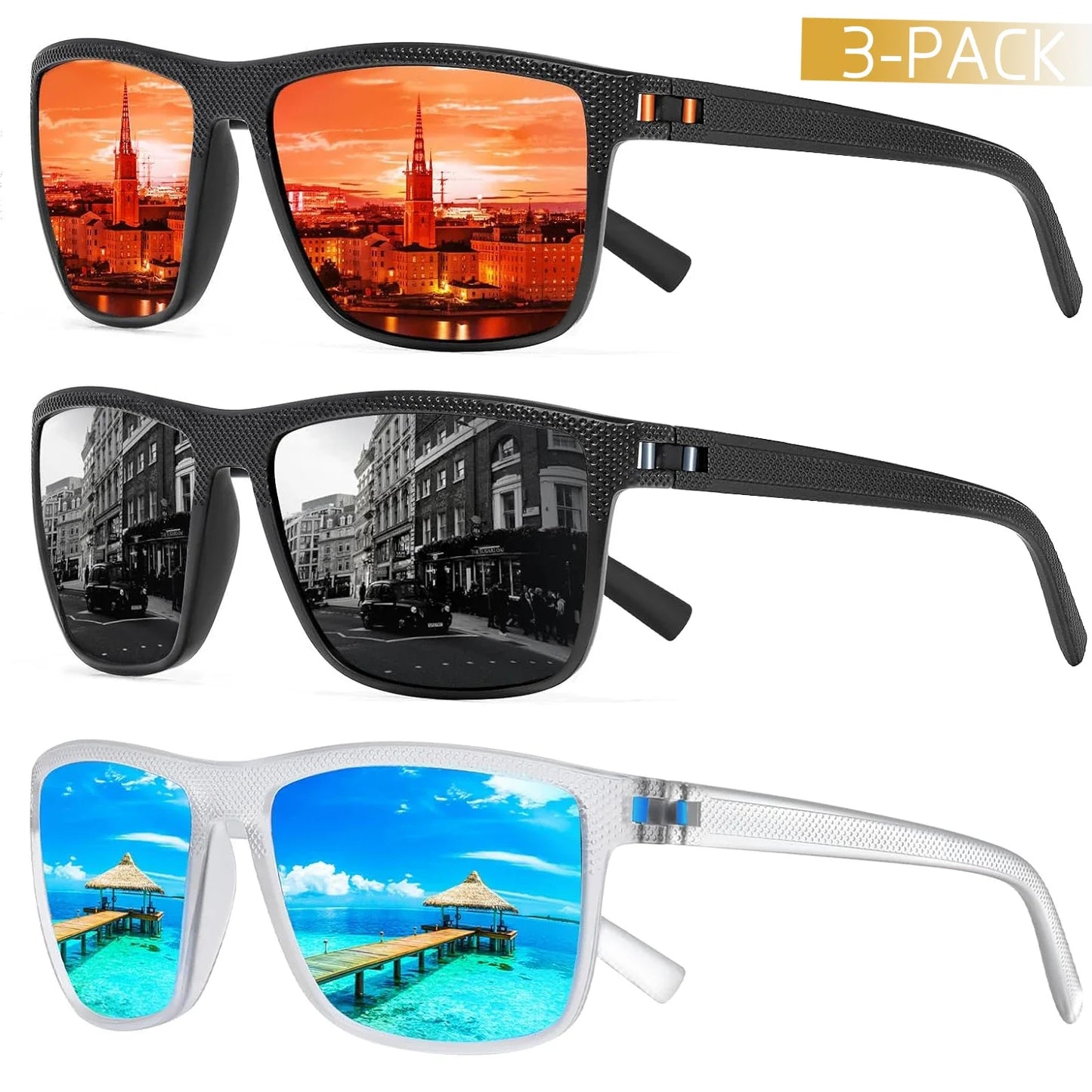 Unisex zonnebril – Gepolariseerde glazen – UV400-bescherming – Set van 3 stuks