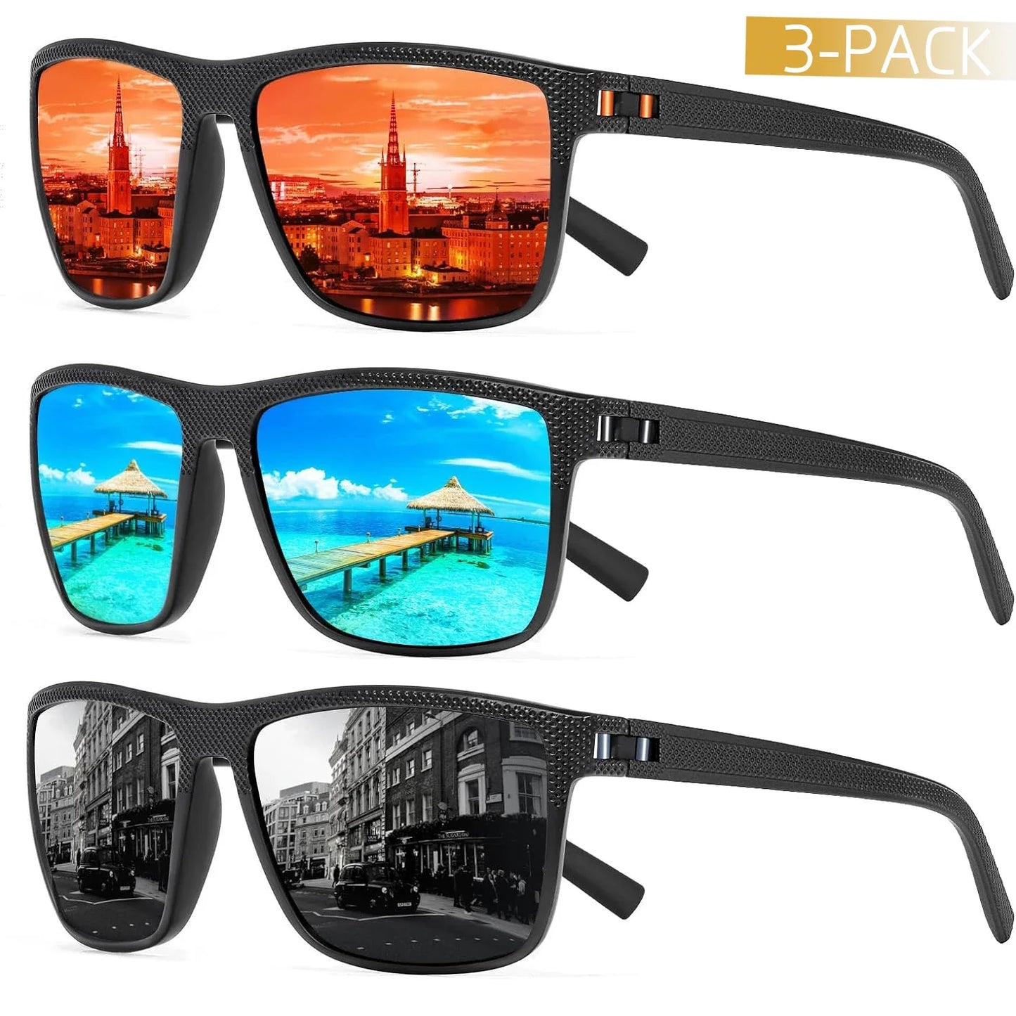 Unisex zonnebril – Gepolariseerde glazen – UV400-bescherming – Set van 3 stuks