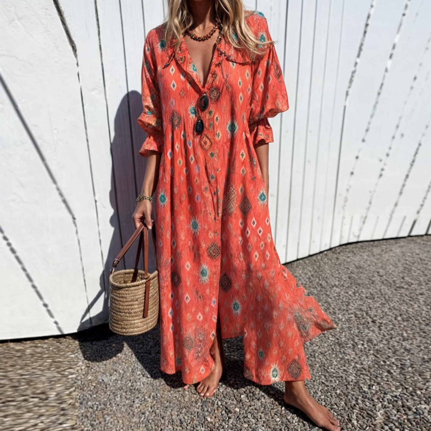 Dames zomerjurk – Lichtgewicht stof – Boho-stijl – Elastische taille
