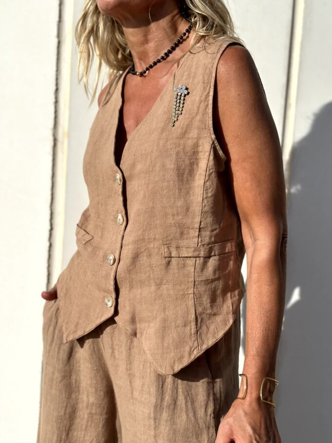 Zomerset voor dames – Ademend linnen – Elegante bruine kleur – Tweedelige outfit