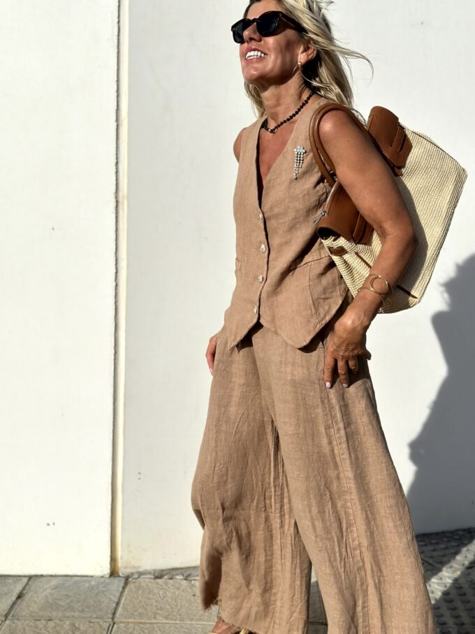 Zomerset voor dames – Ademend linnen – Elegante bruine kleur – Tweedelige outfit