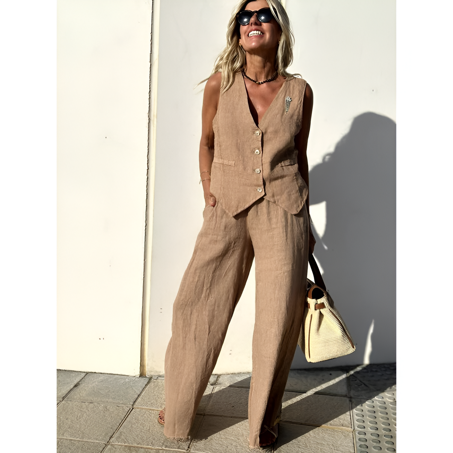 Zomerset voor dames – Ademend linnen – Elegante bruine kleur – Tweedelige outfit