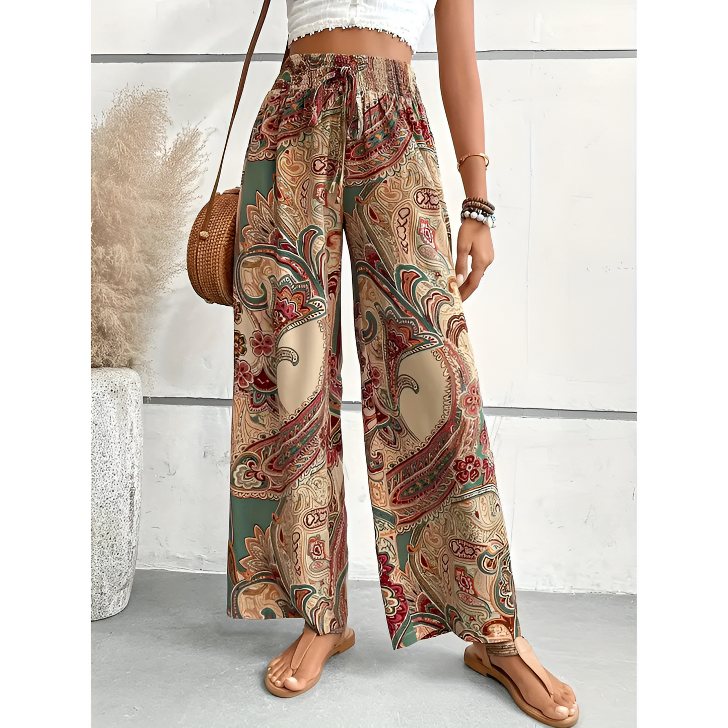 Damesbroek met wijde pijpen – Paisleyprint – Hoge taille – Lichtgewicht stof