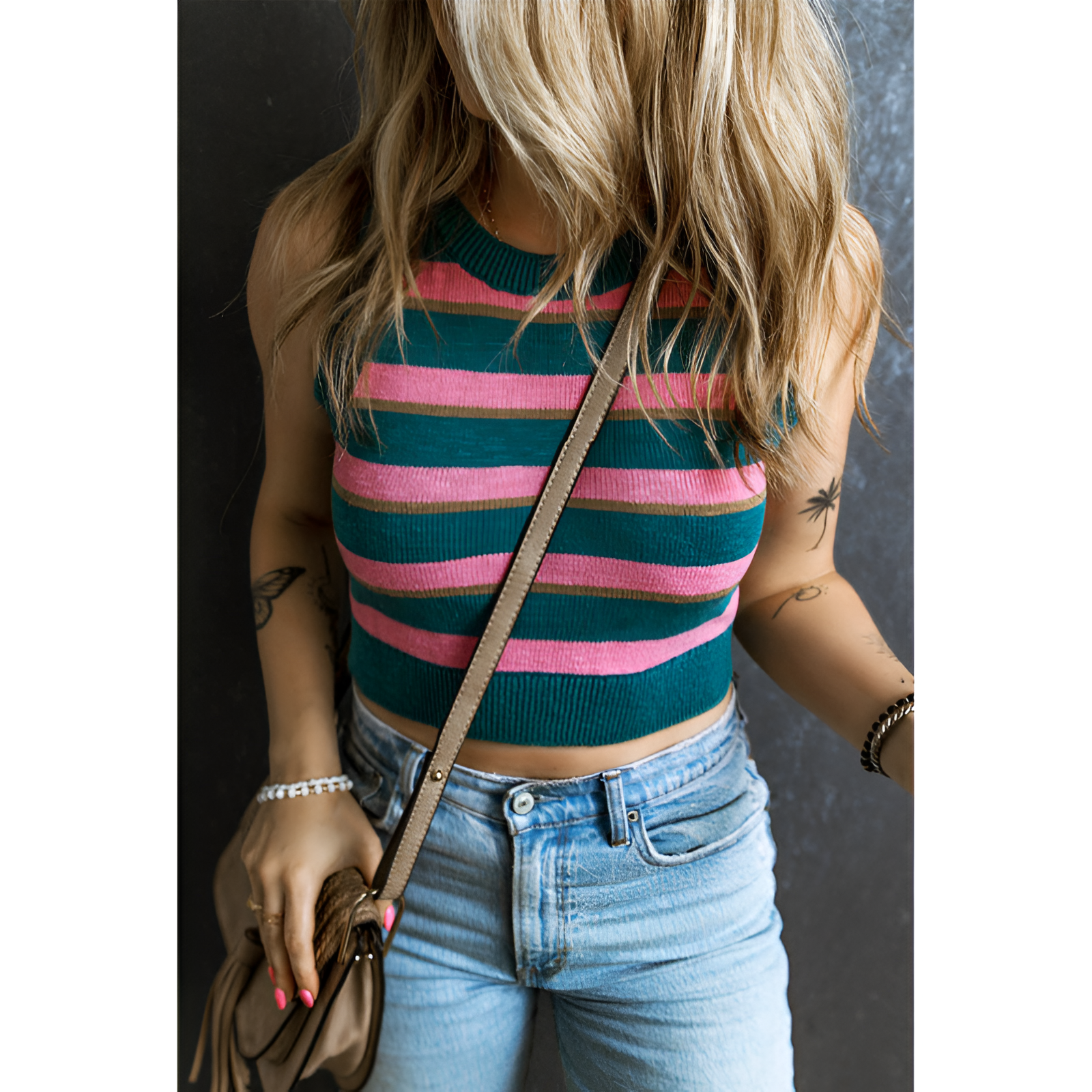 Dames mouwloze trui – Cropped fit – Gebreid patroon – 100% katoen