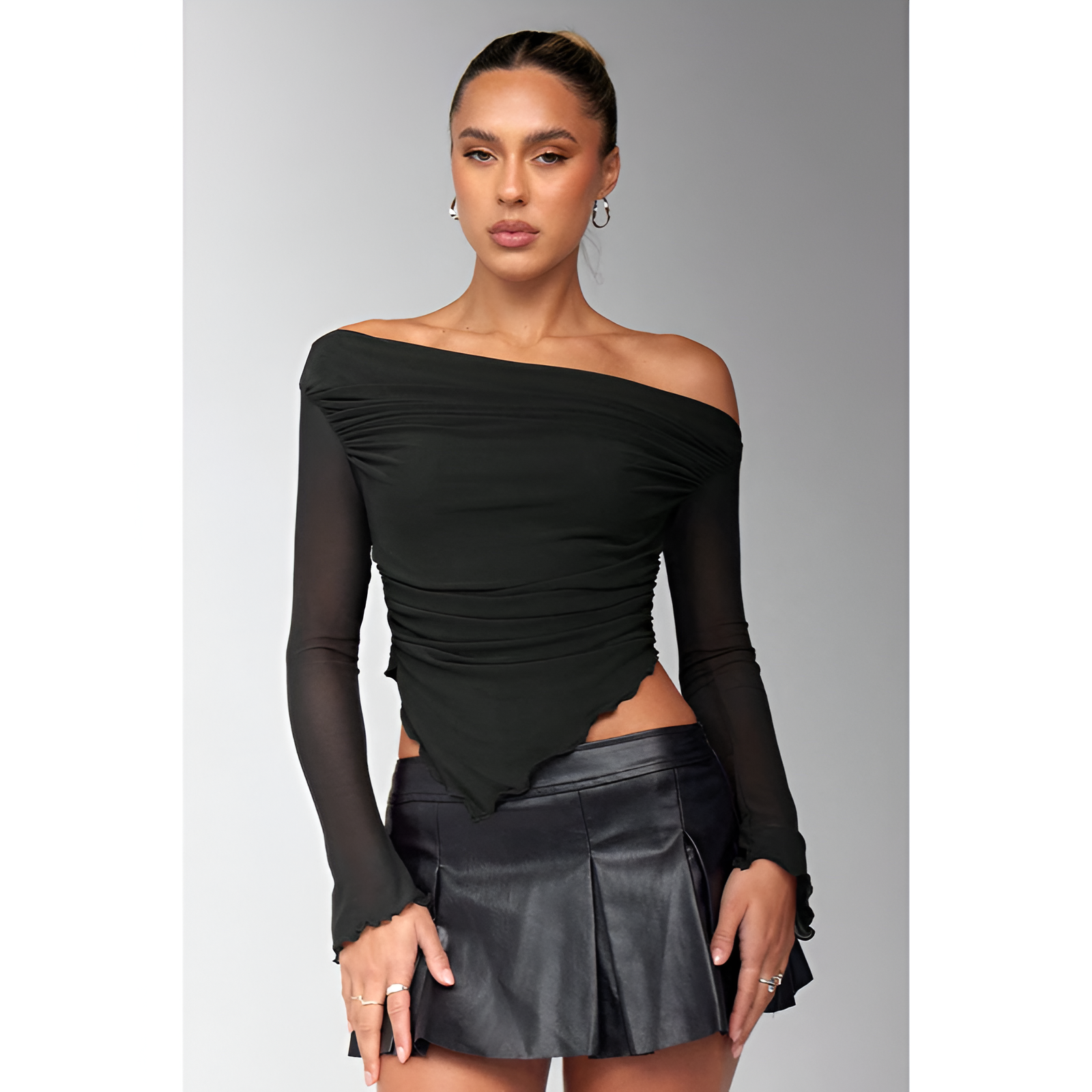 Dames top met één schouder – Geplooid ontwerp – Asymmetrische snit – Elegante stijl