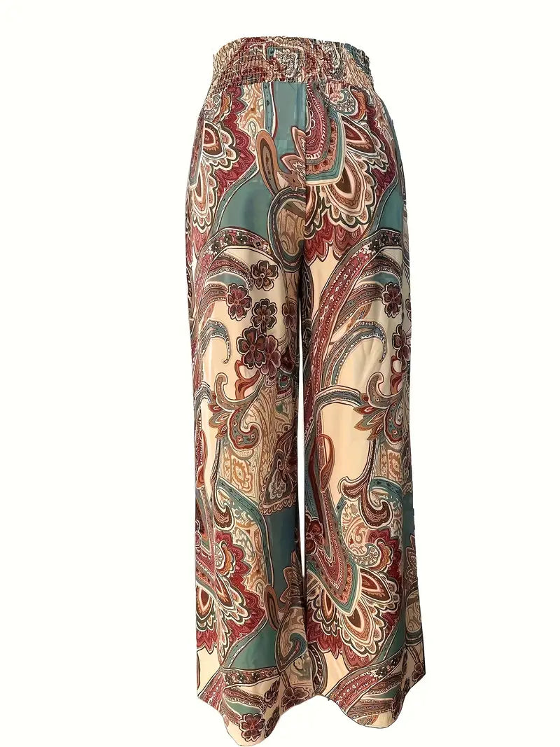 Damesbroek met wijde pijpen – Paisleyprint – Hoge taille – Lichtgewicht stof