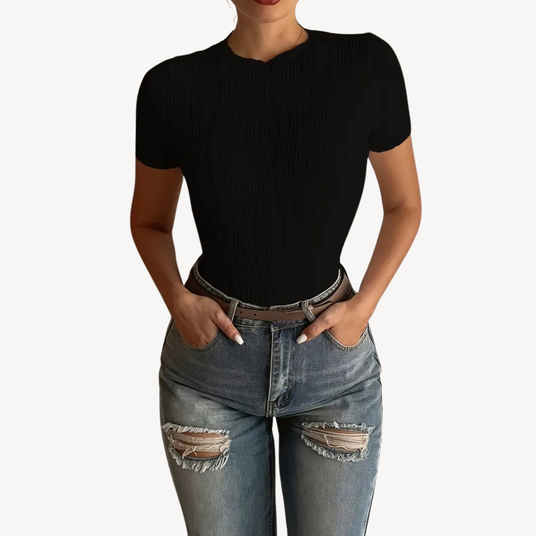 Dames T-shirt – Geribbelde textuur – Aansluitende pasvorm – Ademende katoenmix