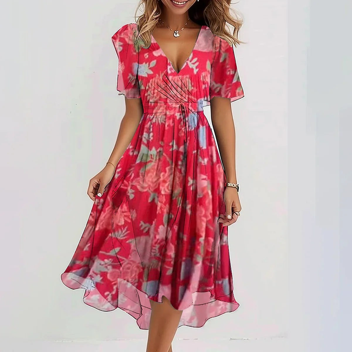 Dames zomerjurk – Bloemenprint – Lichtgewicht chiffon – V-hals