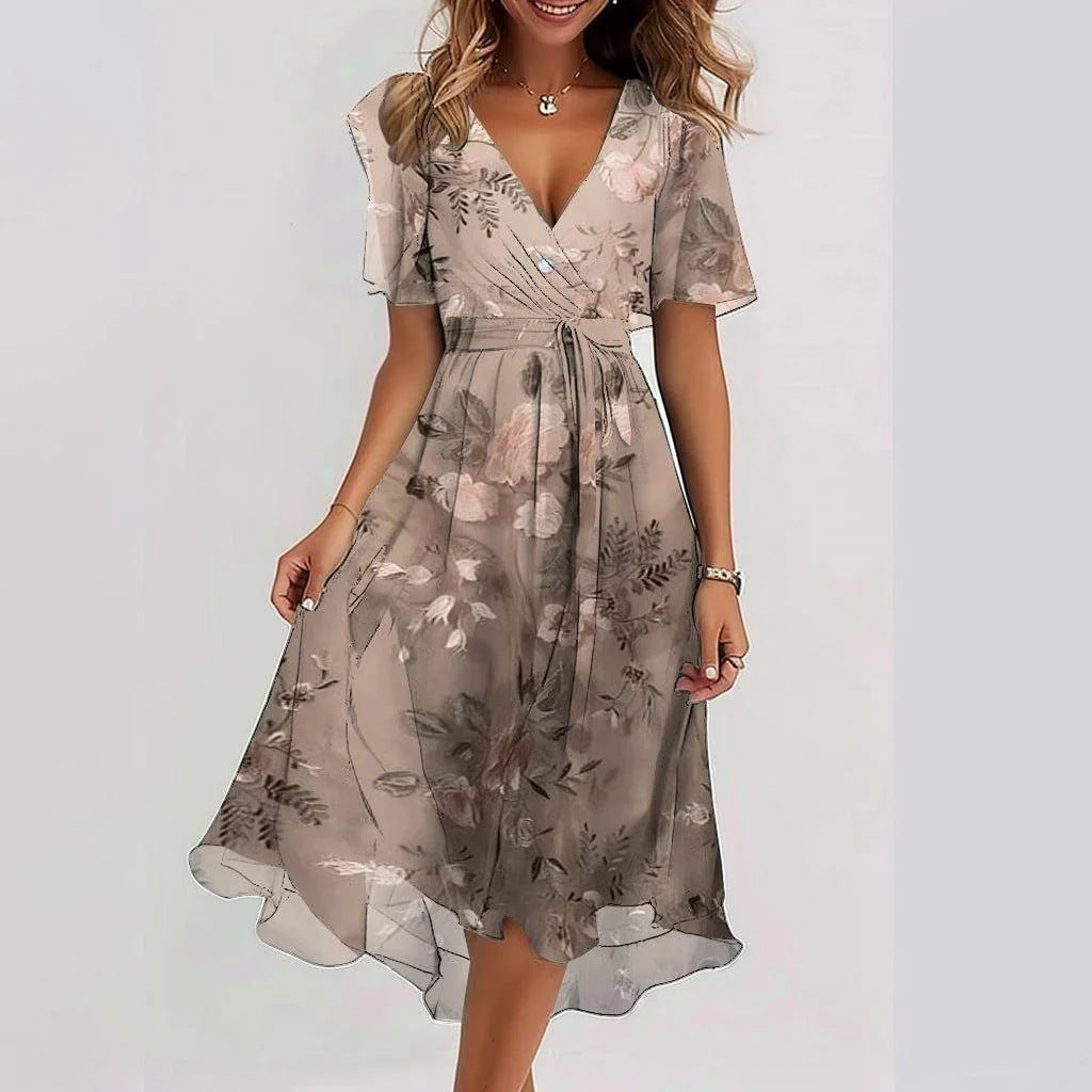 Dames zomerjurk – Bloemenprint – Lichtgewicht chiffon – V-hals