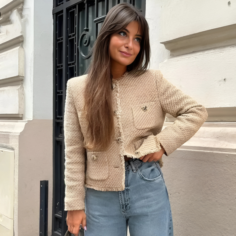 Chique Kort Tweed Jasje voor Dames met Zakken