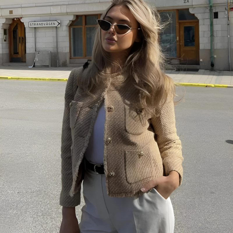 Chique Kort Tweed Jasje voor Dames met Zakken
