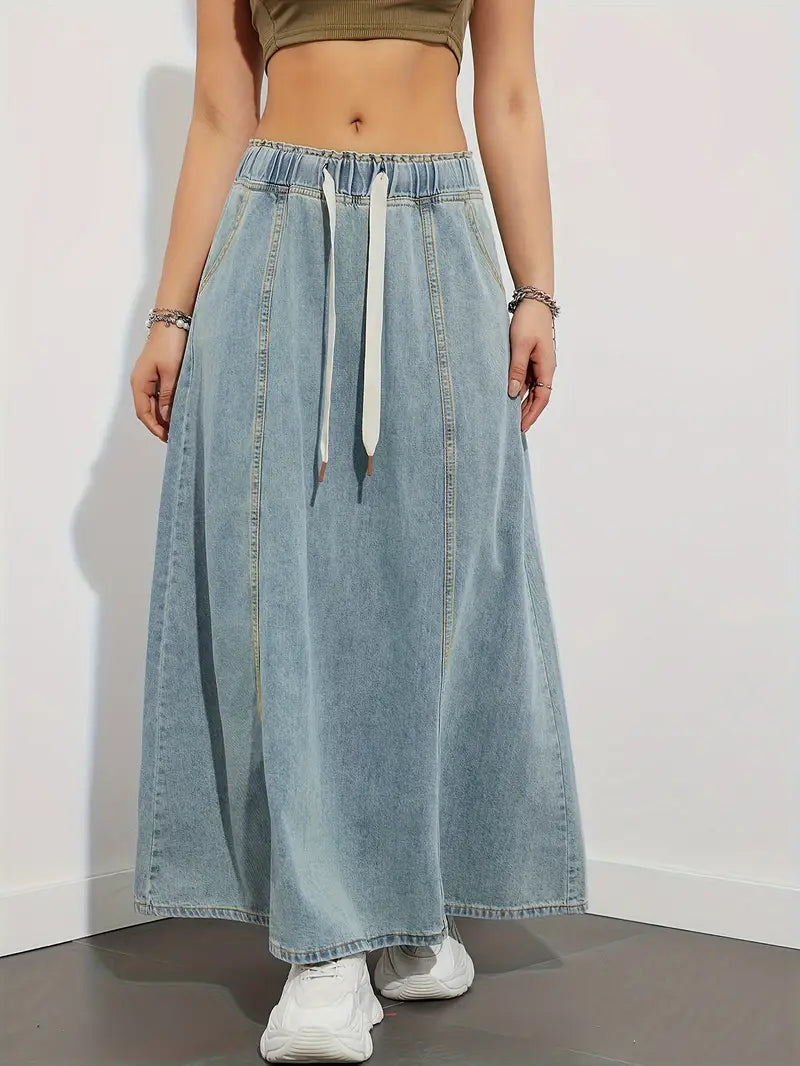 Variant image for Dames A-Lijn Denim Lange Rok met Elastische Tailleband voor Dagelijks Gebruik met Praktische Steekzakken-1
