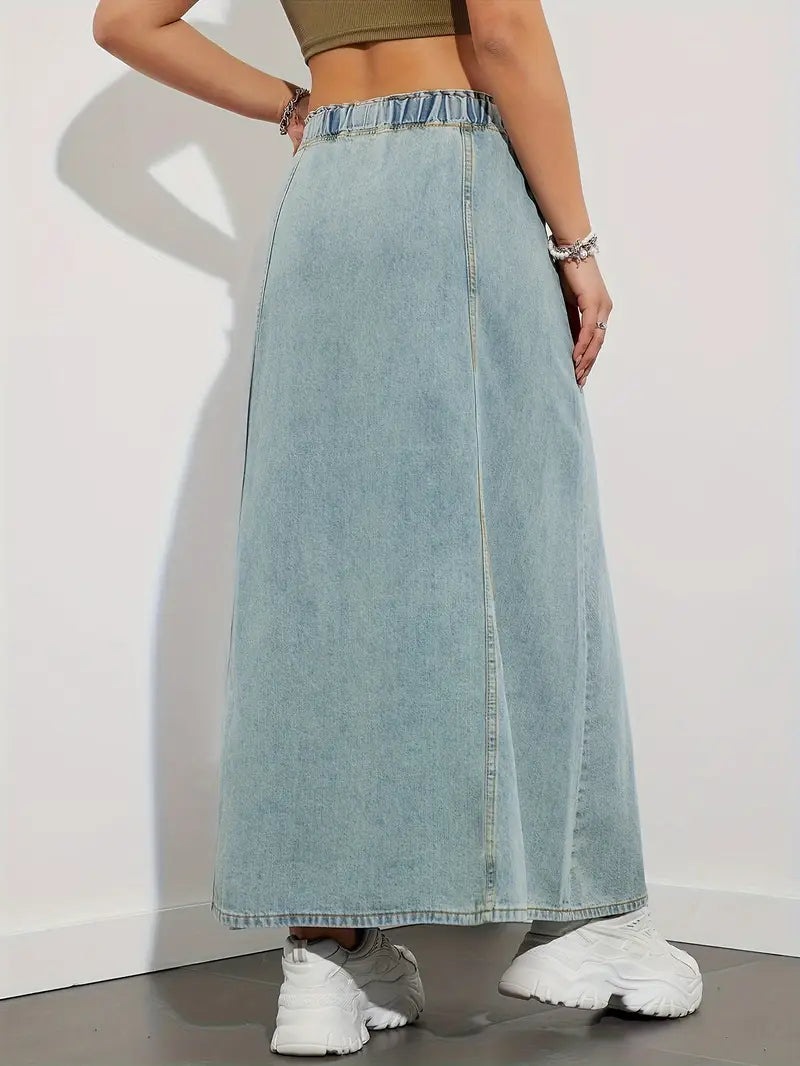 Dames A-Lijn Denim Lange Rok met Elastische Tailleband voor Dagelijks Gebruik met Praktische Steekzakken-4