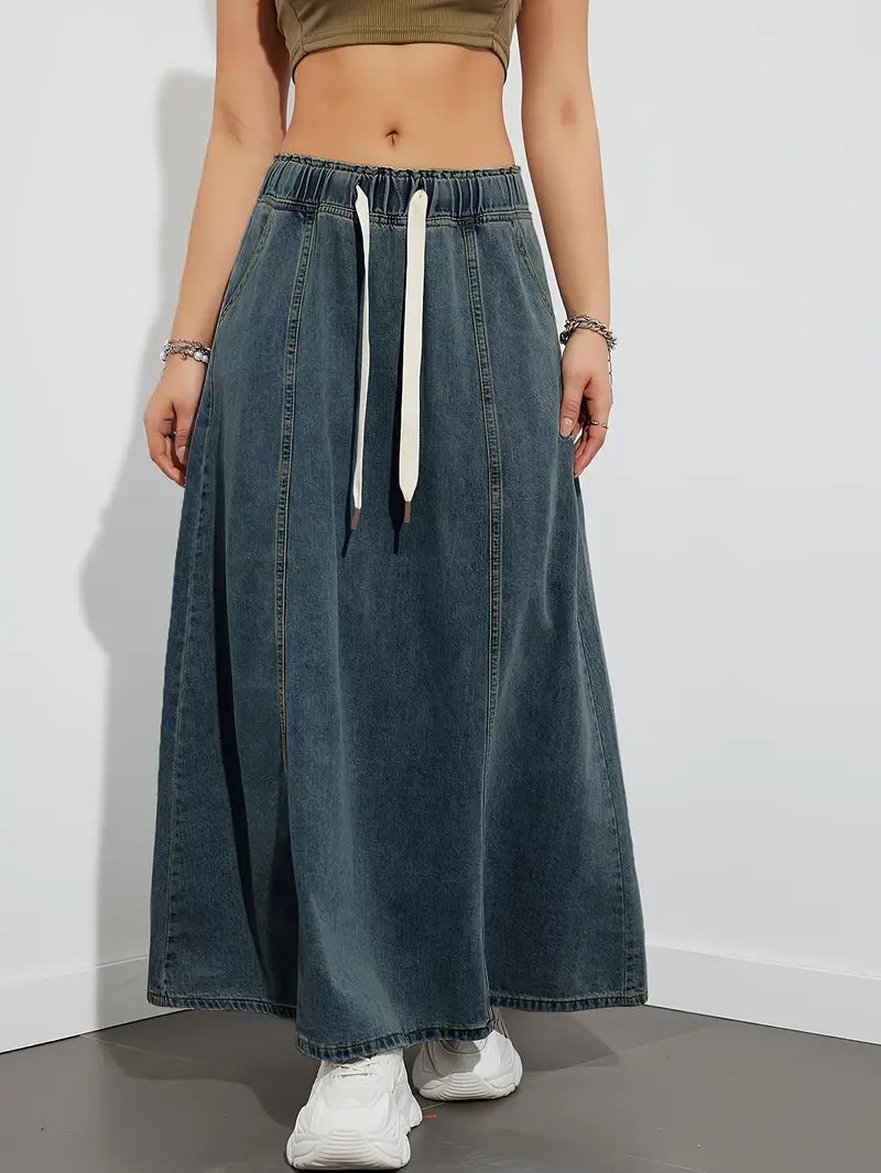Variant image for Dames A-Lijn Denim Lange Rok met Elastische Tailleband voor Dagelijks Gebruik met Praktische Steekzakken-6
