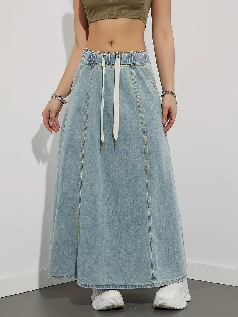 Dames A-Lijn Denim Lange Rok met Elastische Tailleband voor Dagelijks Gebruik met Praktische Steekzakken-3