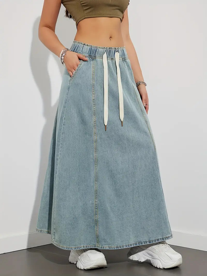 Dames A-Lijn Denim Lange Rok met Elastische Tailleband voor Dagelijks Gebruik met Praktische Steekzakken-2