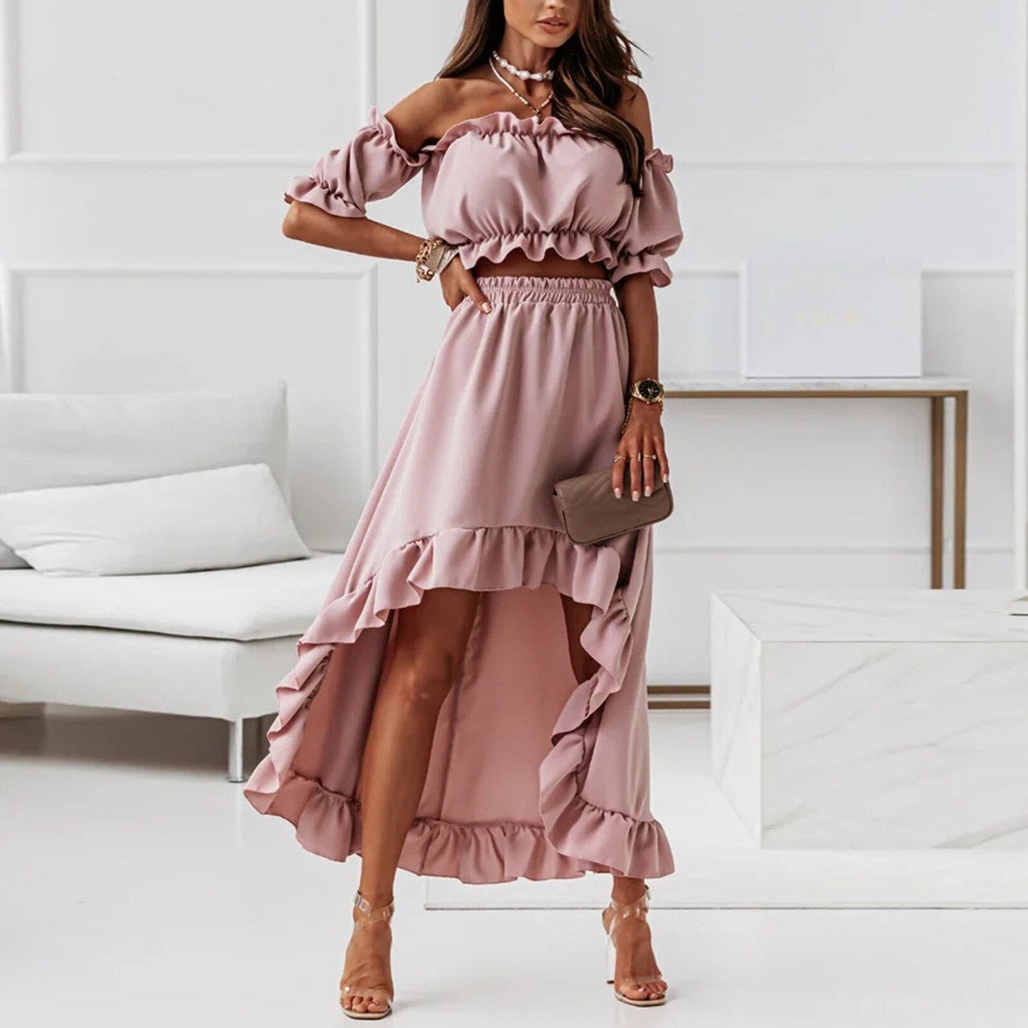 Dames Ruffled Two Piece Set Voor Casual En Speciale Gelegenheden Met Comfortabele Pasvorm-5