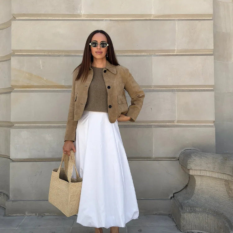 Dames Jas - Suède Stof - Knoopsluiting - Getailleerd Model