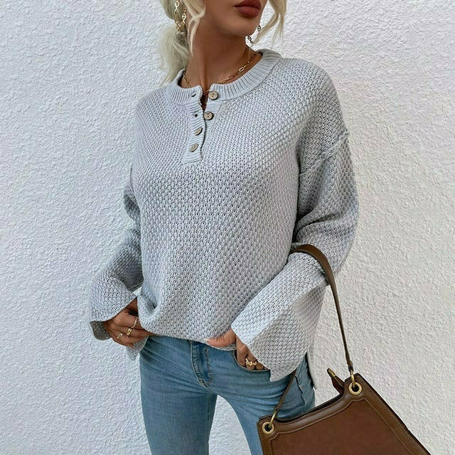 Dames Wafelgebreide Trui met Knoopsluiting | Casual Lange Mouwen Henley Pullover