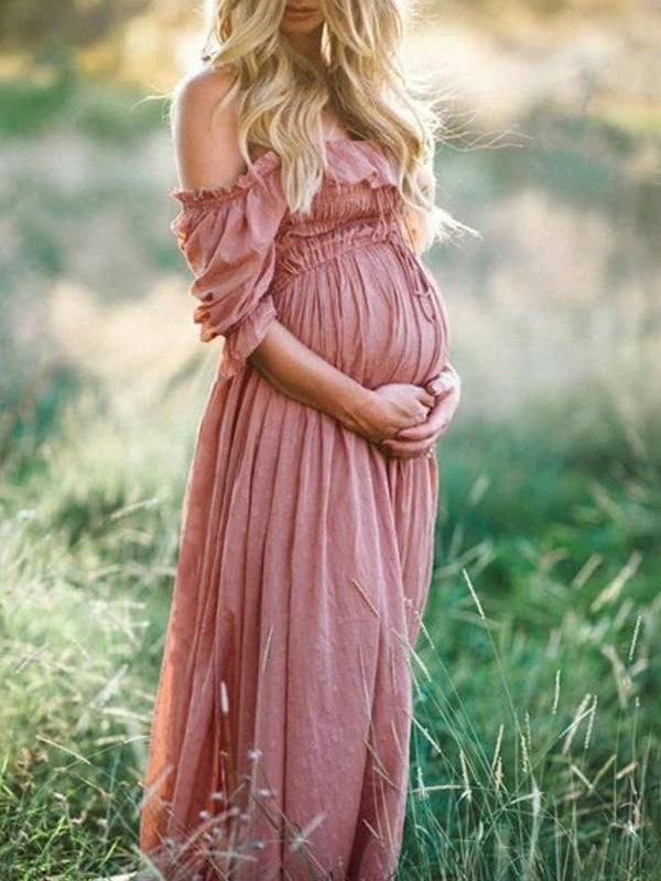 Elegante Off-Shoulder Zwangerschapsjurk | Zwierige Maxi Jurk voor Fotoshoots