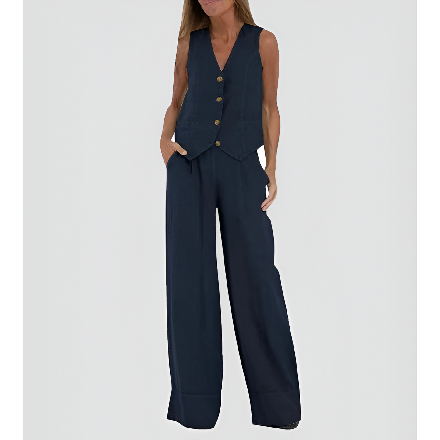 Dames Set - Geknoopt Vest - Brede Pantalon - Elegante Uitstraling